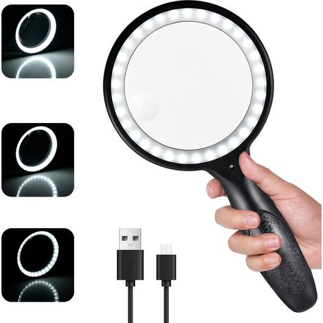 Lupe mit Licht, 60x 30x Leselupe für Sehbehinderte, USB-aufladbar, beleuchtete Lupe mit 3 Modi, einstellbare 33-LED-Beleuchtung (Schwarz) (1/5)
