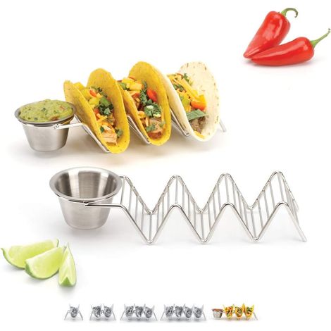 Support À Tacos - Acier Inoxydable 18/8 - Avec Pot À Salsa Intégré - Pour 3 Tacos Par Support - Lot De 2 (1/5)