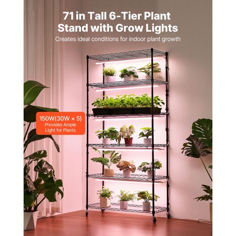 Support Plantes Intérieur avec Lampe de Croissance, Étagère Plantes à 6 Niveaux en Métal, Hauteur 180 cm, 150 W, avec Roulettes, La… (1/5)
