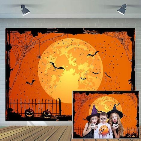 Fond orange 2,1 x 1,5 m « Joyeux Halloween » pour la veille d'Halloween : lanterne, lune, chauve-souris, toile d'araignée, clôture de cimetière (photographie). (1/5)