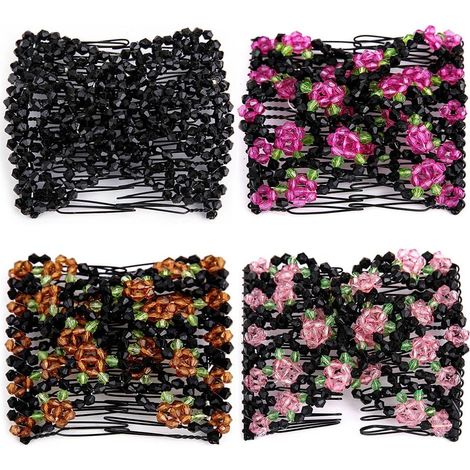 Elastic Double Hair Clips with Stretchy Hair Combs Bun Maker Elastic Beads Rose Hair Clips for Women and 4 Pieces (1/5)