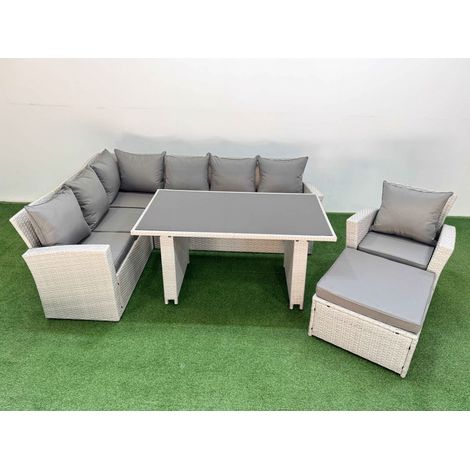 Fimous 8 Seater Wicker Rattan Corner Sofa Sets Outdoor Garden Furniture Sets with Rectangular Dining Table Lounge Sofa Big Footstool Armchair Light Grey (1/5)