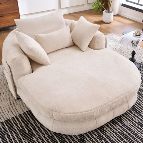 Fauteuil chaiselongue à assise profonde avec coussins, confort moelleux pour salon ou chambre, chenille beige (1/5)
