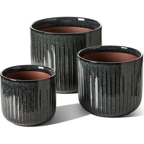 3er Set Blumentöpfe Keramik Dunkeloliv 21+17+14 cm mit Drainageloch (1/5)