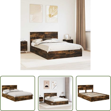 vidaXL Lit à lattes - Lit de Rangement Chêne fumé 135 x 190 cm Bois d'ingénierie (1/5)