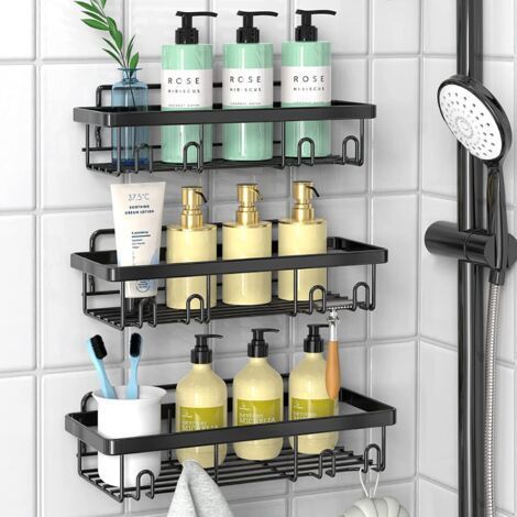 Duschablage-Set (3er-Set) ohne Bohren, Badezimmeraufbewahrung ohne Bohren, Badezimmeraccessoire aus Edelstahl 304, schwarzer Duschorganizer (1/4)