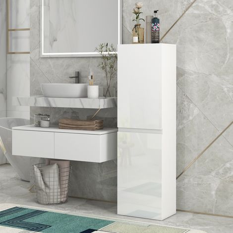 Meuble colonne rangement salle de bain style contemporain 2 placards étagères réglables 35 x 25 x 120 cm laqué blanc (1/4)