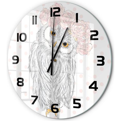 Horloge Murale Ronde Mouvement Fluide Verre Trempé Silencieuse Sans Tic-Tac Hibou dans une couronne fi 60 cm (1/5)