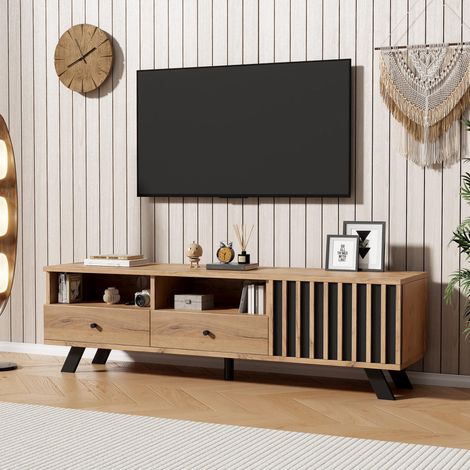 Meuble TV 150 x 38 x 44 cm, petit meuble TV avec 2 tiroirs, meuble bas avec un placard, largeur 150 cm, convient aux téléviseurs jusqu'à 60 pouces, meuble de salon couleur bois