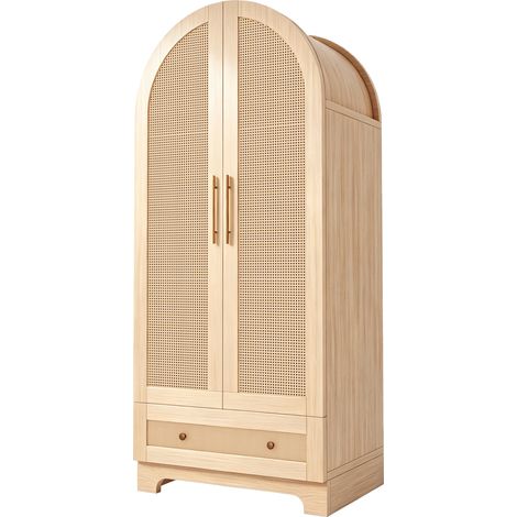 Armoire à double porte en bois avec tiroirs et porte en rotin 70x55x170 cm (1/5)