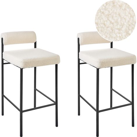 Conjunto de 2 sillas de bar modernas taburetes respaldo tapizado bouclé sin reposabrazos patas negras blanco Amaya