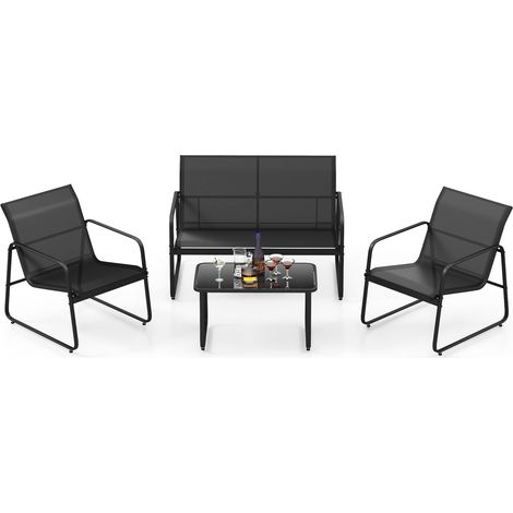 Ensemble salon de jardin 4 pièces cadre métallique noir, banquette, 2 fauteuils et table basse verre trempé, tissu respirant pour terrasse, balcon et bord de piscine (1/5)