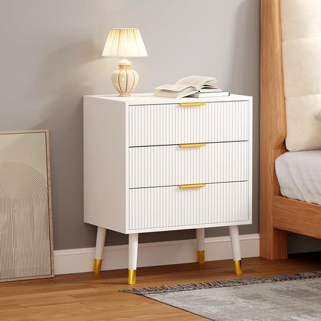 Commode 3 Tiroirs Cannelée avec Pieds Métalliques, Meuble de Rangement Moderne pour Chambre, Blanc (1/5)