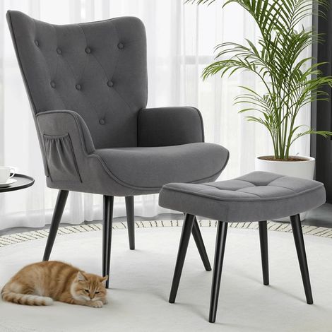 Ohrensessel mit Hocker - Lesesessel aus Chenillestoff Gemütlicher Loungesessel bis 168kg, Sessel für Wohnzimmer Wohnheim & Schlafzimmer - Grau (1/5)