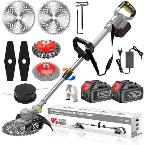 Coupe Bordure sans Fil 21V Brushless Débroussailleuse à Batterie 4 en 1 Débroussailleuse à Batterie électrique sans Fil avec 5 Types De Lames et Brosse Désherbage, Tube Télescopique, Grey (1/5)