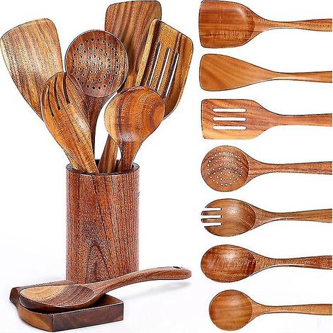 Cuillères en bois pour la cuisine, ustensiles de cuisine en bois avec porte-couverts, ensemble en bois de teck (1/5)