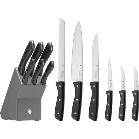 WMF Ceppo portacoltelli con set di 7 coltelli da cucina con portacoltelli, 6 coltelli affilati, blocco in legno laccato, lama speciale in acciaio (1/4)