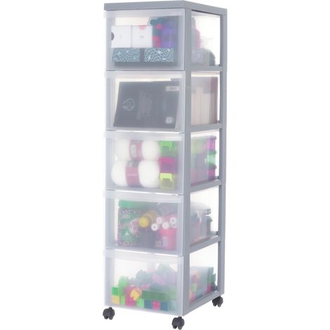 Tour de rangement à Roulettes en Plastique, 5 Grands Tiroirs, Gris, Ouverture Facile, Meuble de Rangement, Papeterie, pour Chambre, Salle de Bain, École (1/5)