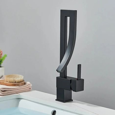 Grifo para lavabo - JN3979 - Montaje sobre encimera - Monomando - Un orificio - Agua fría y caliente - Acero inoxidable 304 - Núcleo de válvula cerámica - Negro mate
