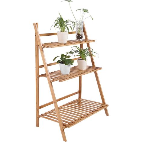 Support à pots de fleurs pliable à plusieurs niveaux pour balcon, salon, jardin et terrasse (couleur bois) (1/5)