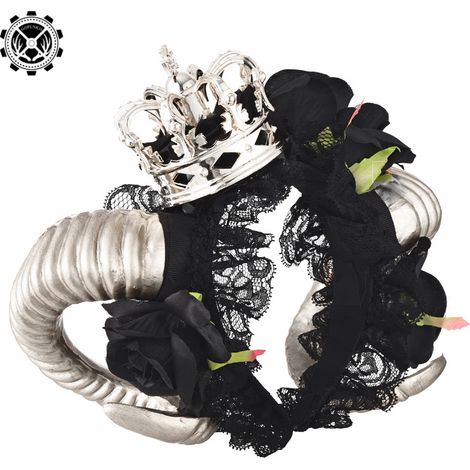 Gothic-Stirnband mit schwarzer Rose, Vampir-Dämonen-Spitze, Schleier mit silbernem Widderhorn, Chuunibyou-Haaraccessoire, Gothic (1/5)