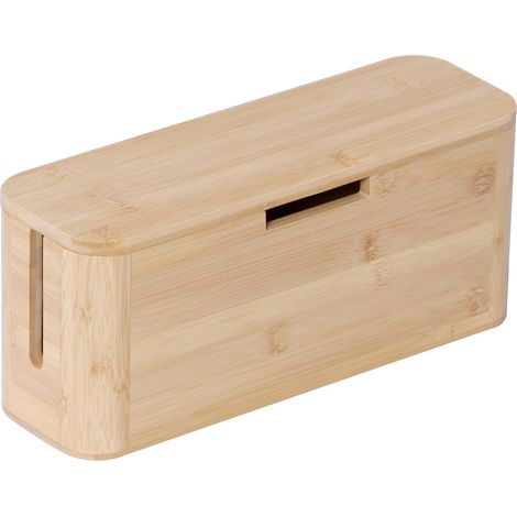 Relaxdays cable box for power strip, bamboo, magnetic lid, HxWxD 14.5x34x11 cm, cable organiser, natural (1/5)
