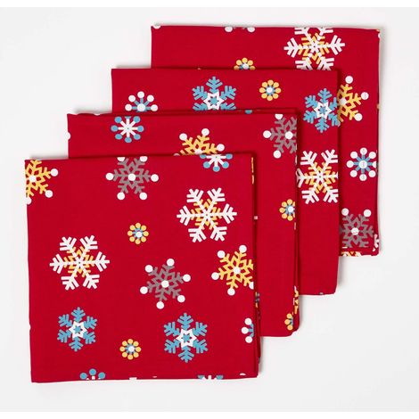 HOMESCAPES Stoffservietten rot Schneeflocken Set 4 tlg 100% Baumwolle