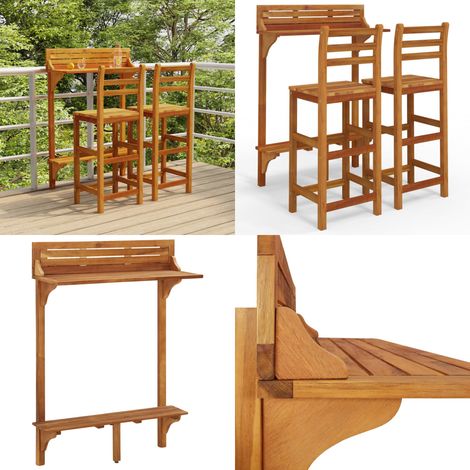 Set da Bar per Balcone 3 pz in Legno Massello di Acacia - Bar da balcone - Tavolo da bar