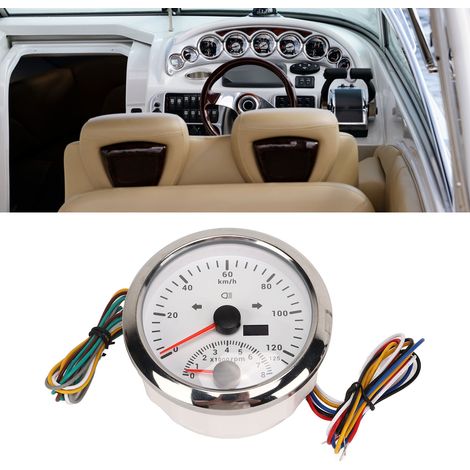 GPS-Marine-Tachometer DC 9–32 V, 85 mm (3 3/8 Zoll), 0–125 km/h, mit Drehzahlmesser bis 8000 U/min und Blinkern, geeignet für Wasserfahrzeuge und Geländewagen. Silberfarbenes Gehäuse, weißes Gehäuse. (1/5)