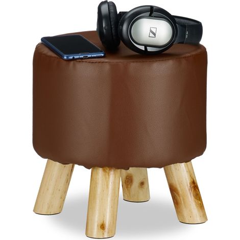 Relaxdays Hocker Kunstleder, gepolstert, 4 Holzbeine, flacher Fußhocker, runder Dekohocker, H x D: 30 x 30 cm, braun