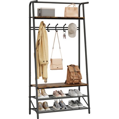 Garderobenständer – Einreihige Haken, Breite 80 cm – Bis 160 kg Tragkraft – Schuhbank, Sitzbank – Metallrahmen, Holzoptik – Für Flur, Schlafzimmer, Wohnzimmer