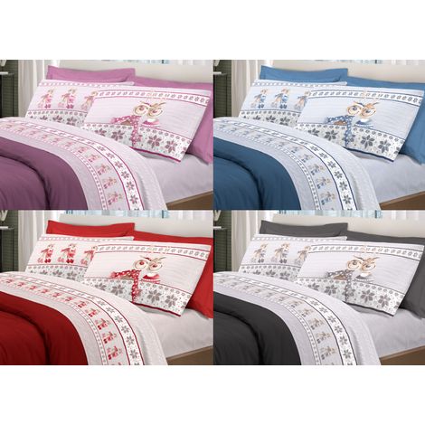 Completo Lenzuola Linea Pensieri Delicati 100% Cotone Disegno Renna, misuraSingolocoloreRosso
