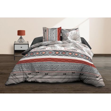 Housse de Couette 220x240 + 2 taies - Pur Coton 57 Fils - Palme, Brique, Noir, Blanc (1/4)