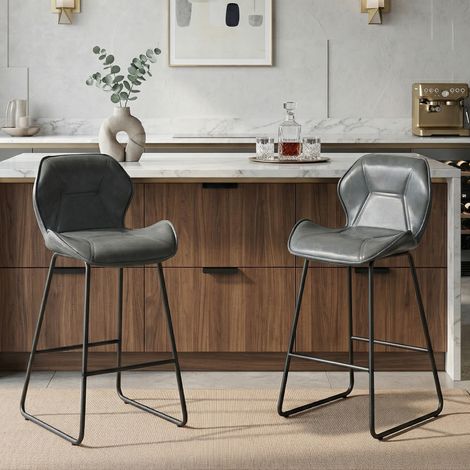 Lot de 2 tabourets de bar avec dossier et repose-pieds, en métal gris (1/5)