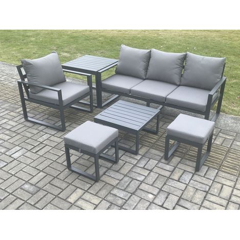 Fimous Aluminium Outdoor Garden Furniture Set Patio Lounge Sofa Chair Set with Square Coffee Table Side Table 2 Small Footstools Conservatory Set Dark Grey (1/5)