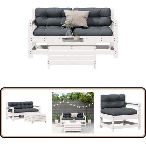 3-tlg. Garten-Lounge-Set mit Kissen Weiß Massivholz Kiefer - Gartenmöbel - Loungesessel - Gartenloungeset - Rattan Möbel - Kiefernholzmöbel