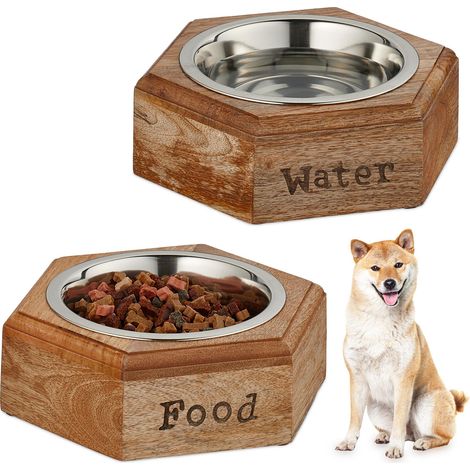 Relaxdays 2x Dog Bowls, Water and Food, 1L, Stainless Steel & Wood, Dishwasher-Safe, 7.5 x 23.5 x 21 cm, Natural/Silver