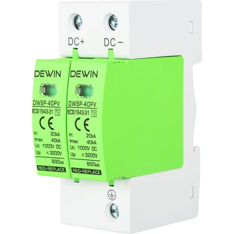 Dispositif de Protection Contre les Surtensions, Parafoudre Photovoltaïque 2P 40kA Dispositif de Protection Contre les Surtensions DC1000V Dispositif de Protection Contre la Foudre Rail DIN 35mm (1/5)