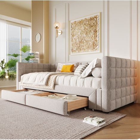 Divano letto 90x200 cm in velluto beige, estraibile con contenitore FloraGrace (1/5)
