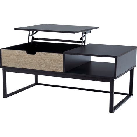 Teamson Home Bryson zweifarbige natürliche Holzkornfarbe mit manuellem Aufzug und unteren Top-Kaffeetisch-Schreibtisch mit offenen Aufbewahrungs- und Metallbeinen, Schwarz/Tan, VNF-00102 (1/5)