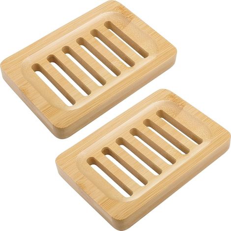 (Lot de 2) Porte-savon en bambou et bois - Porte-savon universel avec bac d'égouttage, idéal pour la salle de bain - bois naturel (1/5)