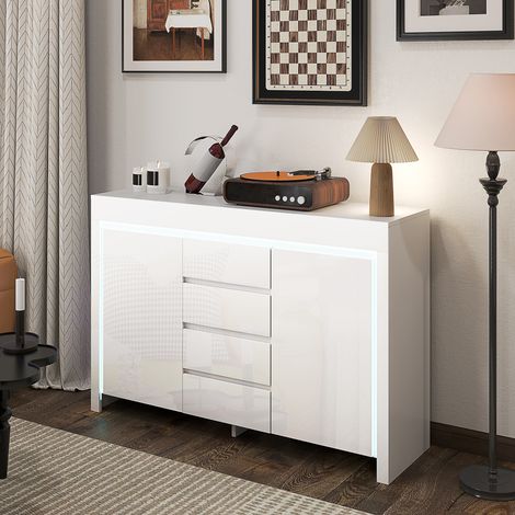 Aparador para salón, mueble de almacenamiento con iluminación LED, 4 cajones, puertas con cierre suave, 120 x 34 x 80 cm, blanco brillante.