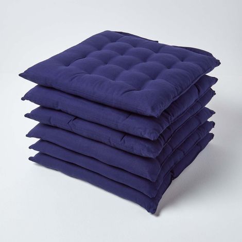 HOMESCAPES Navy Blue Plain Seat Pad with Straps 100% Cotton 40 x 40 cm, Set of 6 (1/5)