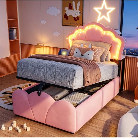 Cama con almacenaje 90 x 200 cm con LED, enchufes integrados y terciopelo rosa DESVIAE (1/5)