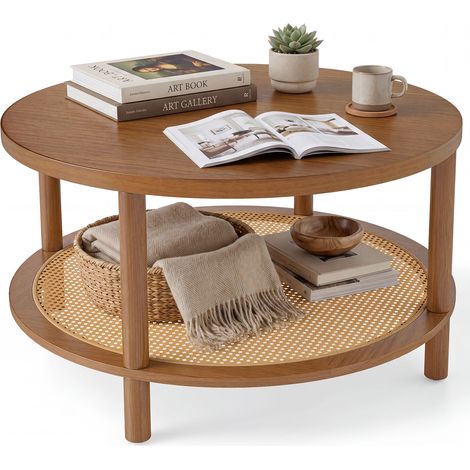 Table Basse avec Étagère en Rotin, Table de Salon Ronde à 2 Niveaux avec Pieds en Bois de Caoutchouc, Charge 100 kg, Table d'Appoint Bohème,80x80x45cm (1/5)