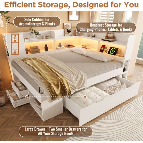 Letto singolo in legno bianco 90x200 cm con rete inclusa, LED, USB/Type-C, cassetti e scaffali (1/5)