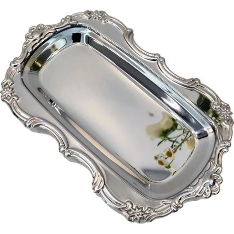 Bandeja de servir con diseño vintage en relieve, de acero inoxidable, color plata. (1/2)