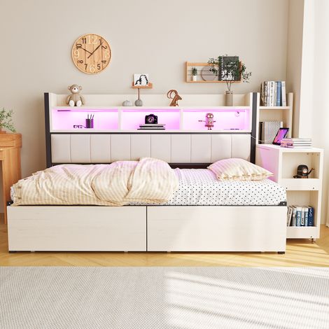 Canapé-lit fer 90×200cm blanc,rangements polyvalents,LED,prises,grands tiroirs,bureau extractible,meuble pour jeunesse