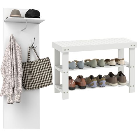 Porte-manteau mural + banc à chaussures - HOMCOM - étagère, 2 crochets et tringle en aluminium - bois et bambou - blanc (1/5)
