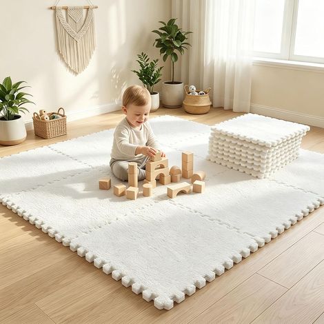 Lot De 12 Tapis Puzzle Emboîtables En Mousse Peluche 30 X 30 Cm Pour Bébé Salon Chambre À Coucher Blanc (1/5)
